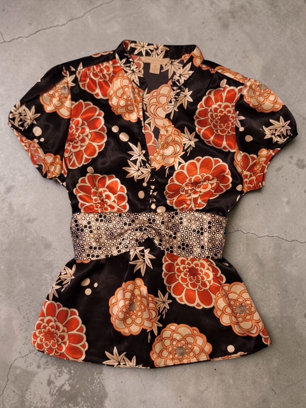 Silky Peplum Blouse Vivid Floral w/Contrasting Sash - Stunning!